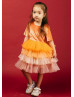 Elbow Sleeves Orange Velvet Ombre Tiered Tulle Flower Girl Dress